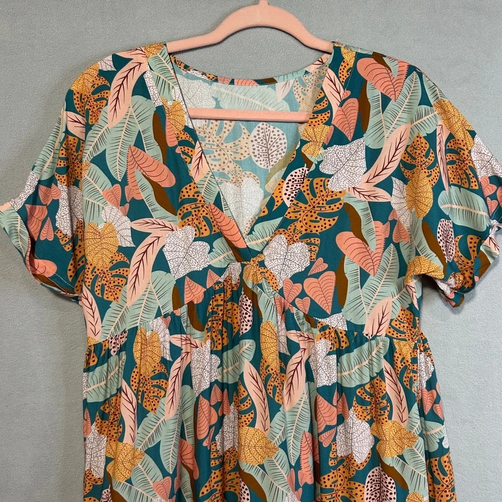 Cupshe Tropical Leaf Short Sleeve Flounce Hem Mini Dress Size Medium A Line - Picture 4 of 9